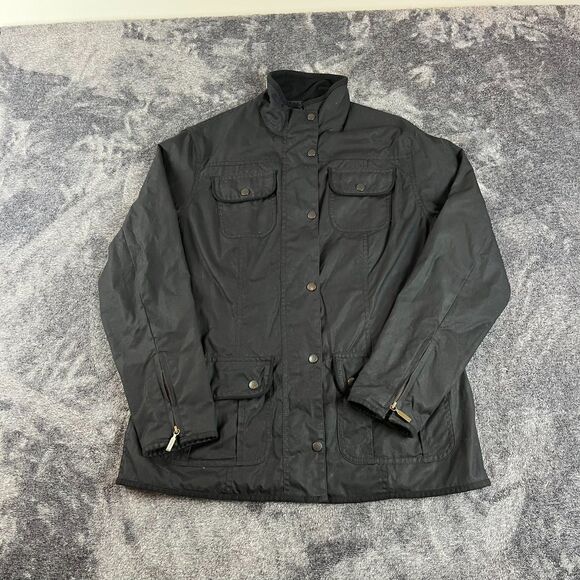 Barbour Waxed Cotton Full Zip Mock Neck Jacket Black Utility Tartan Lined 10 - Picture 1 of 15